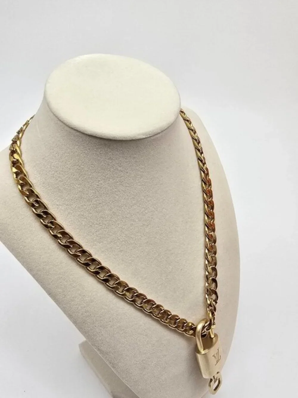 Authentic Louis Vuitgon Gold Padlock Pendant w/ Unbranded Cuban Stainless Steel